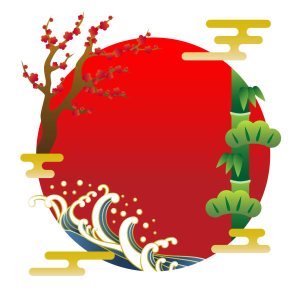 японский материал рамы в стиле укиё-э. - japanese flag flag japan illustration and painting stock illustrations
