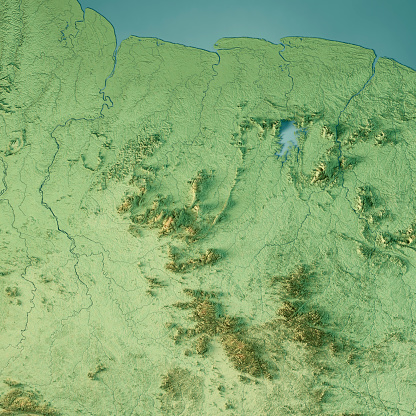 3D Render of a Topographic Map of Suriname. \nAll source data is in the public domain.\nColor texture: Made with Natural Earth. \nhttp://www.naturalearthdata.com/downloads/10m-raster-data/10m-cross-blend-hypso/\nRelief texture: NASADEM data courtesy of NASA JPL (2020). URL of source image: \nhttps://doi.org/10.5067/MEaSUREs/NASADEM/NASADEM_HGT.001\nWater texture: SRTM Water Body SWDB:\nhttps://dds.cr.usgs.gov/srtm/version2_1/SWBD/\nBoundaries Level 0: Humanitarian Information Unit HIU, U.S. Department of State (database: LSIB)\nhttp://geonode.state.gov/layers/geonode%3ALSIB7a_Gen