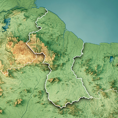 3D Render of a Topographic Map of Guyana. Version with Country Boundaries.\nAll source data is in the public domain.\nColor texture: Made with Natural Earth. \nhttp://www.naturalearthdata.com/downloads/10m-raster-data/10m-cross-blend-hypso/\nRelief texture: NASADEM data courtesy of NASA JPL (2020). URL of source image: \nhttps://doi.org/10.5067/MEaSUREs/NASADEM/NASADEM_HGT.001\nWater texture: SRTM Water Body SWDB:\nhttps://dds.cr.usgs.gov/srtm/version2_1/SWBD/\nBoundaries Level 0: Humanitarian Information Unit HIU, U.S. Department of State (database: LSIB)\nhttp://geonode.state.gov/layers/geonode%3ALSIB7a_Gen