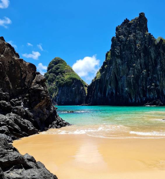 Two Brothers, Fernando de Noronha, Pernambuco, Brazil Beach in Fernando de Noronha, with Morro Dois Irmãos two brothers mountain stock pictures, royalty-free photos & images