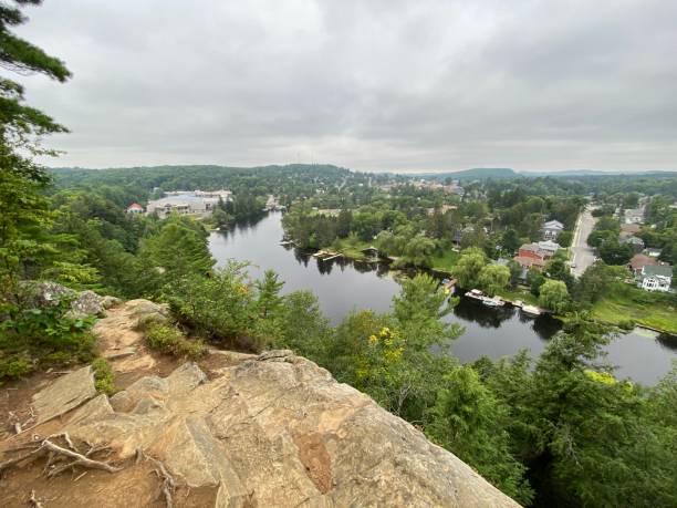 Huntsville Ontario A view of Huntsville Ontario from Lions Lookout in the Muskoka region of Ontario Canada on an overcast day huntsville ontario stock pictures, royalty-free photos & images