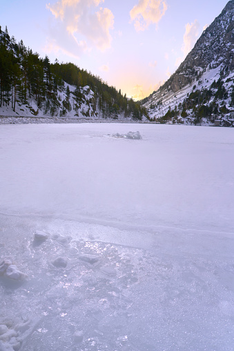 Panticosa snow frozen lake ice in Huesca Pyrenees of Spain