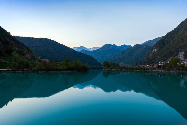 most na soči - artificial lake landscape - julian alps mountain lake reflection imagens e fotografias de stock