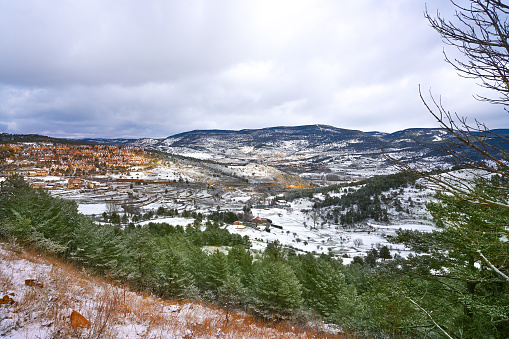 Virgen de la Vega snow village view from San Rafael Peak in Teruel of Spain