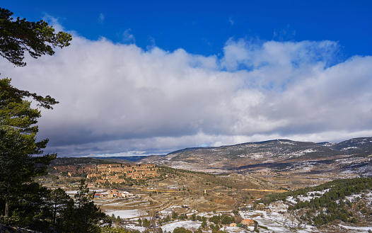 Virgen de la Vega snow village view from San Rafael Peak in Teruel of Spain