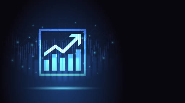 istock Moving up arrow chart icon with stock market graph and world map on blue color background 1339495465