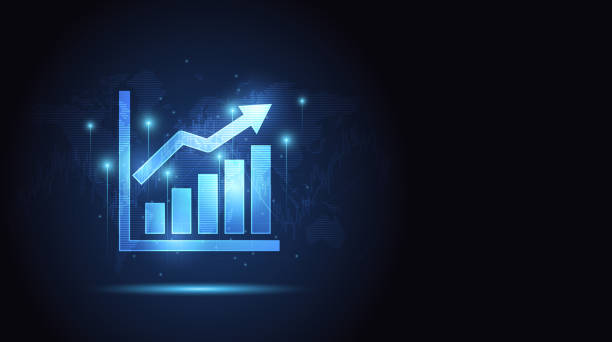 istock Moving up arrow chart icon with stock market graph and world map on blue color background 1339495474