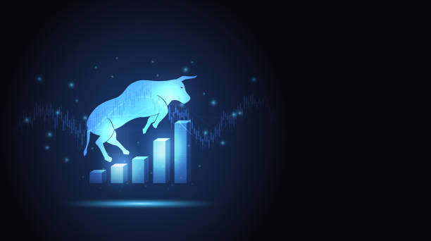 istock Bulls jump on increase financial chart in stock market on blue colour background 1339496159