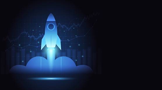 Start up concept with Financial graph and rocket launch on blue chart colour background