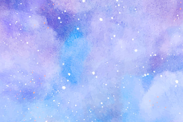 抽象的な水彩ベクトルの背景。冷たい青い冬の背景に降雪。手描き水彩の空と雲 - 紫点のイラスト素材／クリップアート素材／マンガ素材／アイコン素材