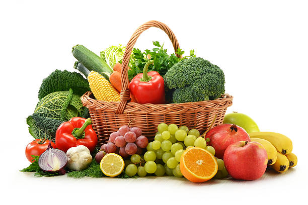 istock Composition with fruits, vegetables and wicker basket isolated on white 133949723