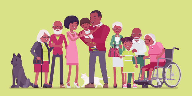 ilustrações de stock, clip art, desenhos animados e ícones de multigenerational black family, common household, people living together in support - senior adult dog medical equipment senior women