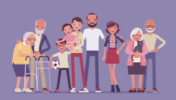 ilustraciones, imágenes clip art, dibujos animados e iconos de stock de familia multigeneracional, hogar, convivencia feliz en apoyo y cuidado - multi generation family illustrations