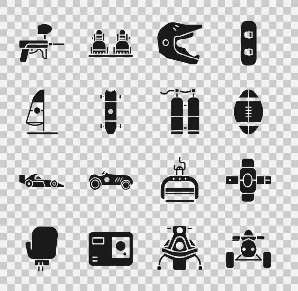 Vector illustration of Set ATV motorcycle, Knee pads, Rugby ball, Motocross helmet, Longboard skateboard, Windsurfing, Paintball gun and Aqualung icon. Vector