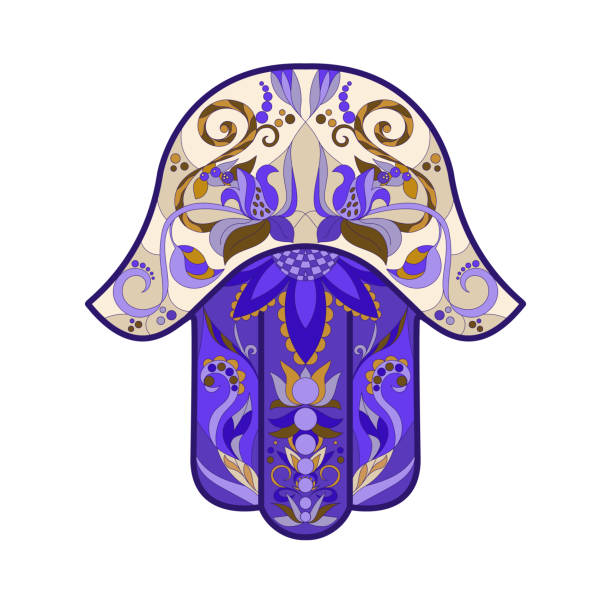 a traditional oriental or indian amulet is a symbol of good luck and happiness hamsa, the hand of david, with stained glass or mosaic ornaments in blue and purple. isolated vector illustration - fortuna illüstrasyonlar stock illustrations