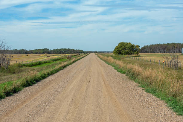 a gravel road with diminishing perspective - grusväg bildbanksfoton och bilder