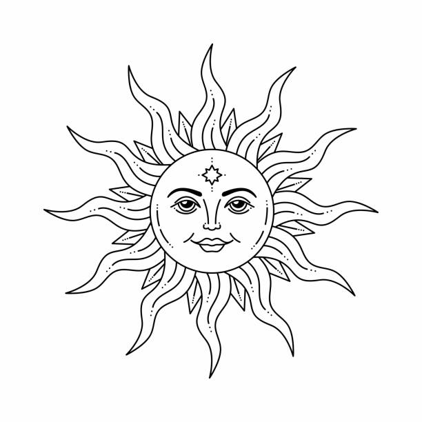 ilustraciones, imágenes clip art, dibujos animados e iconos de stock de sol celestial con cara y ojos abiertos, dibujo estilizado, carta del tarot. - tatuajes del sol