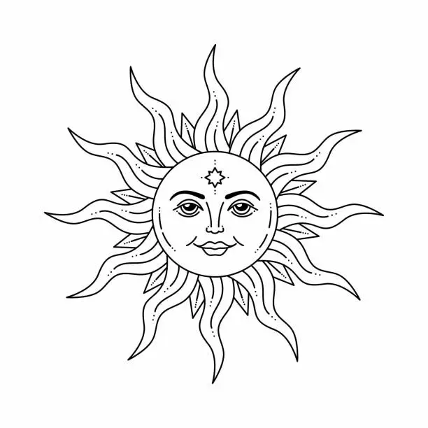 Vector illustration of Celestial sun with face and opened eyes, stylized drawing, tarot card.