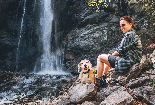 Smiling Female dog owner and his friend beagle dog resting near the mountain river waterfall during their together walking in autumn season time. Human and pets or walking in nature concept image.
