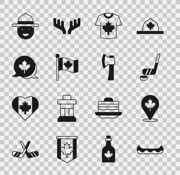 Vector illustration of Set Kayak, Canadian maple leaf, Ice hockey stick and puck, Hockey jersey, Flag of Canada, ranger hat and Wooden axe icon. Vector