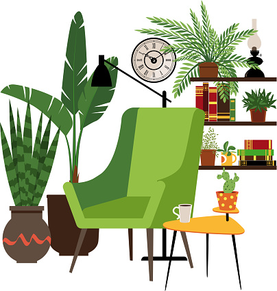Cozy reading nook consisting of a comfortable green chair and a coffee table next to a book shelves, surrounded by potted plants, EPS 8 vector illustration, no real product depicted