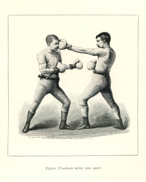 Vintage illustration of two boxers, boxing positions, Stop with the left, Victorian combat sports, 19th Century