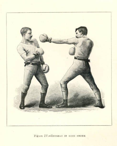 vintage ilustracja dwóch bokserów, pozycje bokserskie, odwrót w dobrym porządku, wiktoriańskie sporty walki, 19th century - boxing stock illustrations