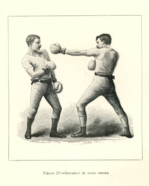 ilustrações, clipart, desenhos animados e ícones de ilustração vintage de dois boxeadores, posições de boxe, retiro em boa ordem, esportes de combate vitorianos, século xix - boxing