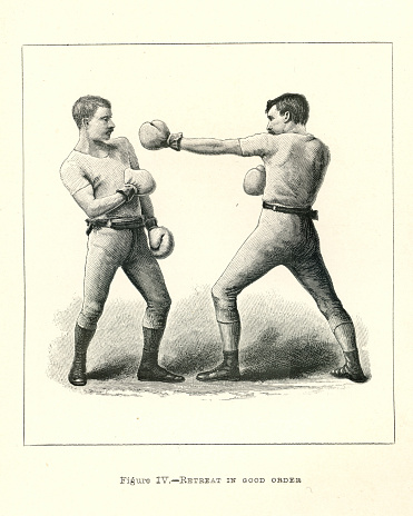 Vintage illustration of two boxers, boxing positions, Retreat in good order, Victorian combat sports, 19th Century