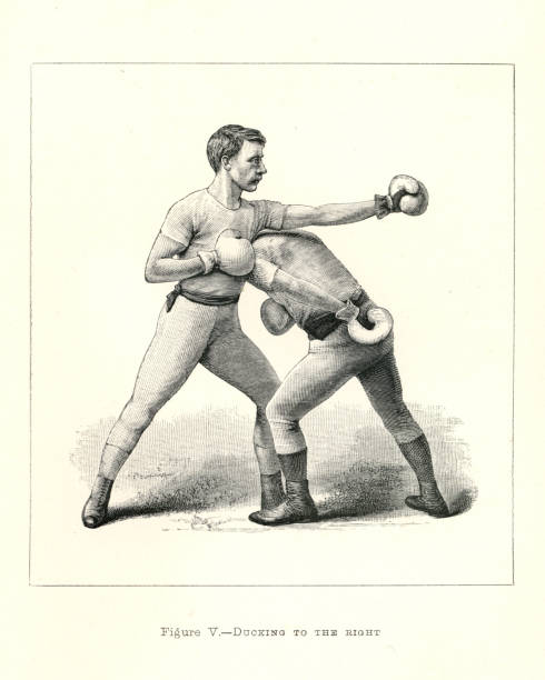 ilustrações de stock, clip art, desenhos animados e ícones de vintage illustration of two boxers, boxing positions, ducking to the right, victorian combat sports, 19th century - boxing glove sports glove retro revival old fashioned