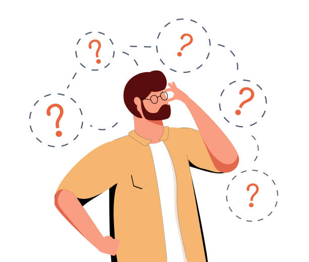 illustrazioni stock, clip art, cartoni animati e icone di tendenza di personaggi riflessivi con punti interrogativi che risolvono problemi o cercano soluzioni. problem solving e scelta. uomo intelligente - negligenza