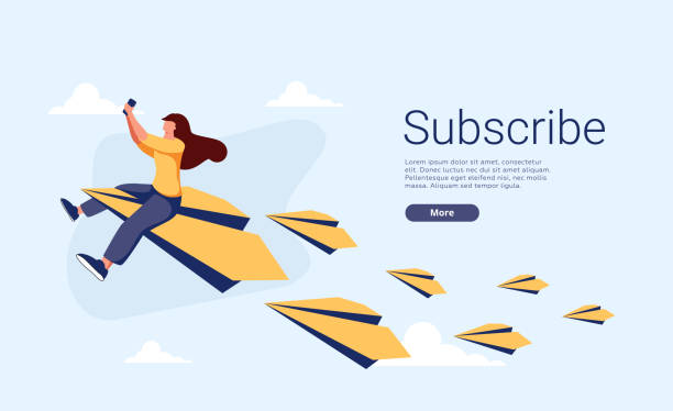 Young woman or female character sitting and flying on paper plane and sending message. Concept of email marketing. Young woman or female character sitting and flying on paper plane and sending message. Concept of email marketing, newsletter, news, offers, promotions subscription. Follow us on social media concept. changing form stock illustrations