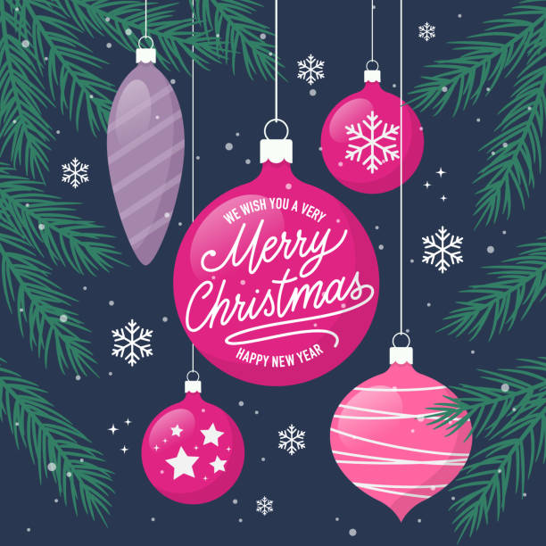 Christmas greetings card with Christmas balls. Vector illustration. Christmas greeting card with christmas balls and handwritten merry christmas text ornament stock illustrations
