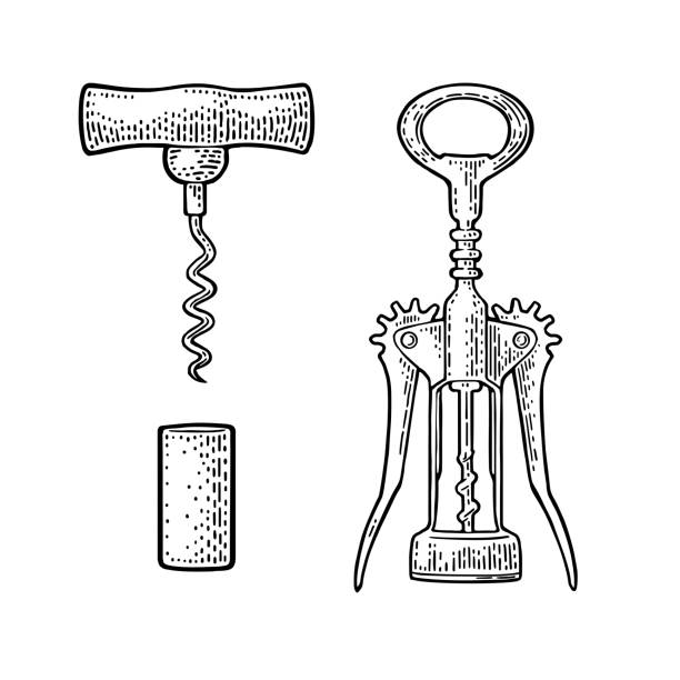 Wing corkscrew, basic corkscrew and cork. Wing corkscrew, basic corkscrew and cork. Black vintage engraved vector illustration isolated on white background. For label, poster and web. tie game stock illustrations