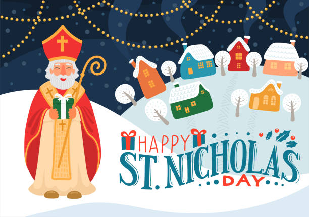 Happy Saint Nicholas Day. Happy Saint Nicholas Day. St.Nicolas holding gift in winter village, or city with hand drawn greeting lettering. sinterklaas nederland stock illustrations