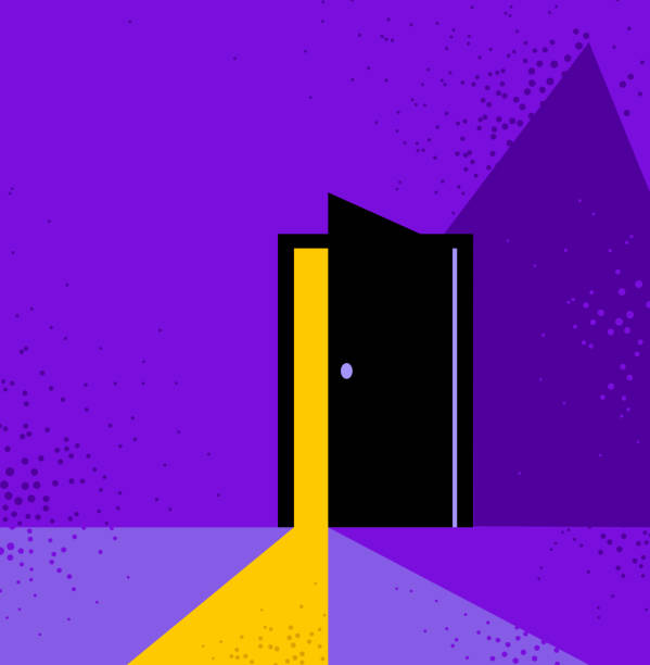 Half open secret door new opportunities concept vector illustration, fear of the unknown, step inside the future, what is behind, what is there. Half open secret door new opportunities concept vector illustration, fear of the unknown, step inside the future, what is behind, what is there. opening stock illustrations