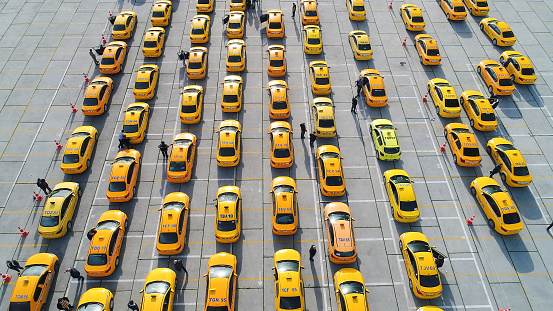 istanbul, Turkey – August 29, 2021: Aerial View of Taxi Cabs