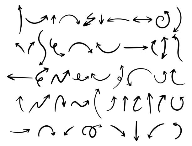 ilustraciones, imágenes clip art, dibujos animados e iconos de stock de colección de flechas dibujadas a mano, conjunto de garabatos dibujados en marcadores flechas dibujadas a mano. flecha de garabato, vector de puntas de flecha de tinta incompleta - flechas