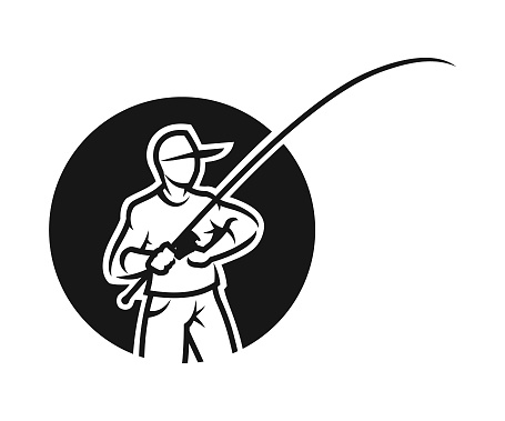 Silhouette of a man in a baseball cap with a fishing rod - stylized cut out icon