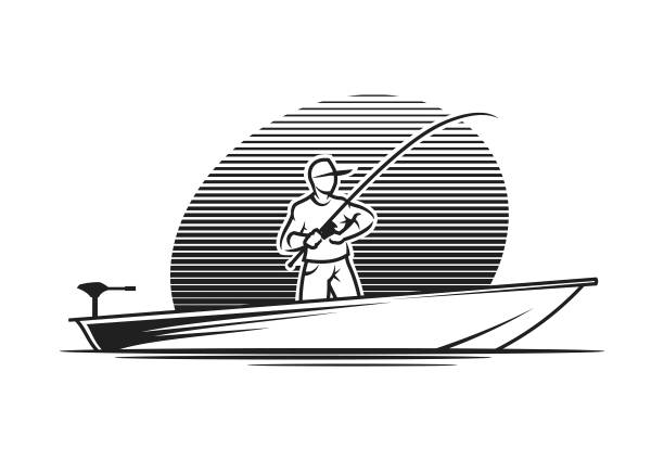 illustrations, cliparts, dessins animés et icônes de homme avec une canne à pêche dans un bateau - silhouette nautical vessel sea morning