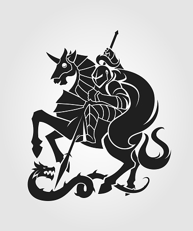 Knight warrior in armor fighting serpent dragon - cut out vector silhouette