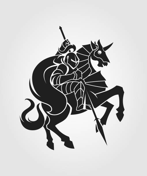 ilustraciones, imágenes clip art, dibujos animados e iconos de stock de caballero con una lanza a caballo - medieval knight helmet suit of armor