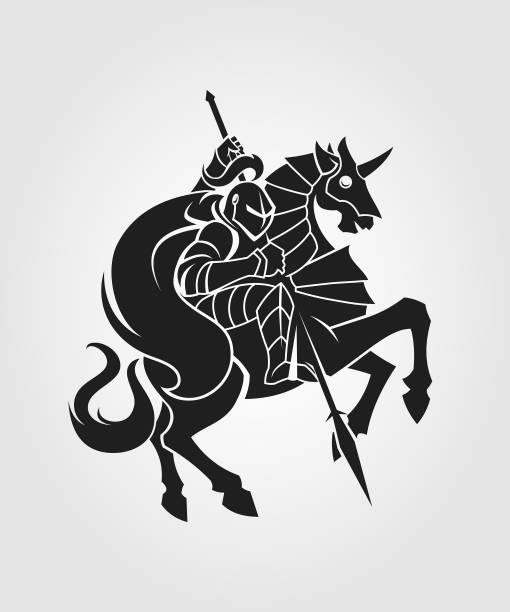 ilustrações de stock, clip art, desenhos animados e ícones de knight with a spear on horseback - medieval knight helmet suit of armor