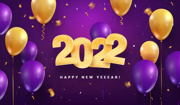 Vector illustration of 2022 Happy new year celebration vector illustration. Golden  Christmas numbers and balloons on purple background