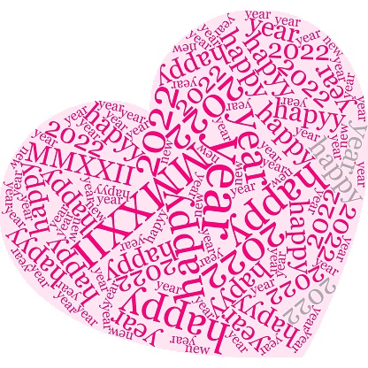 pink heart shaped word cloud on white background with the words surrounded by written in English Happy New Year 2022