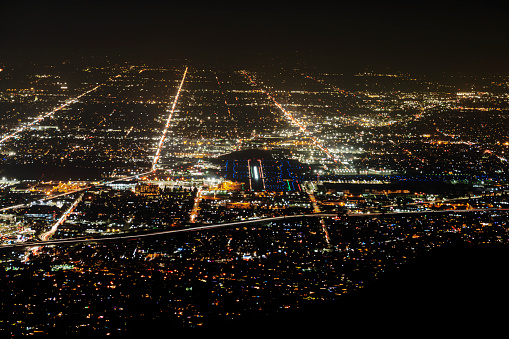 Night view towards Burbank airport runway in Los Angeles County, California.