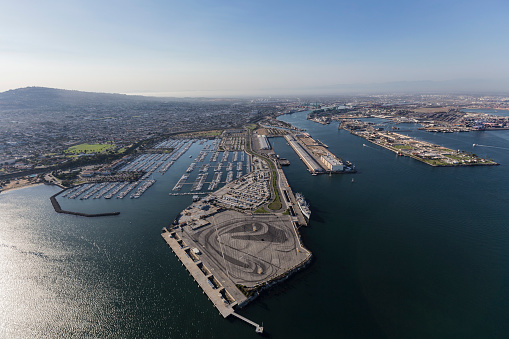 Aerial view of the San Pedro marina and harbor facilities in Los Angeles, California.