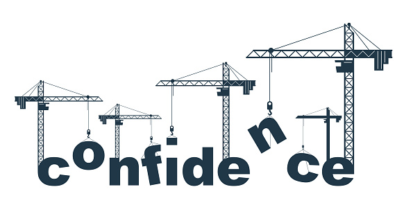 Construction cranes builds Confidence word vector concept design, conceptual illustration with lettering allegory in progress development, stylish metaphor of psychology.