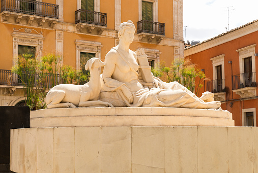 Wonderful Details of The Diana Fountain in Main Square in Comiso, Province of Ragusa, Italy.