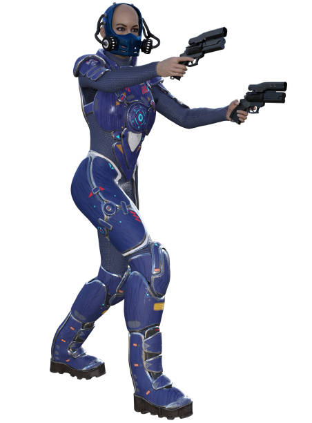 istock Futuristic soldier with gun in a blue uniform, 3d rendering on White background 1339543776